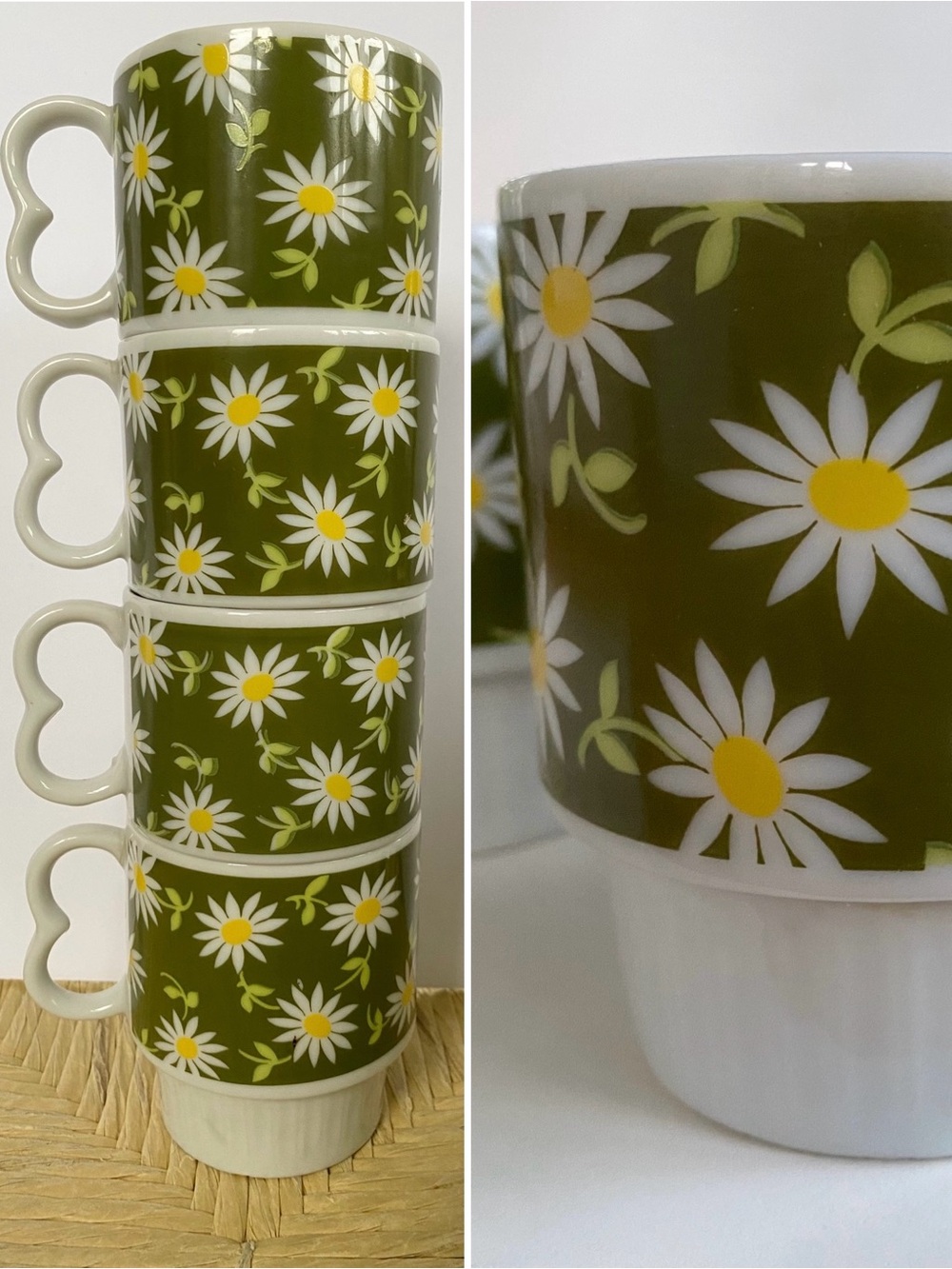 4 Mid Century Japan Stacking Mugs Flower Power